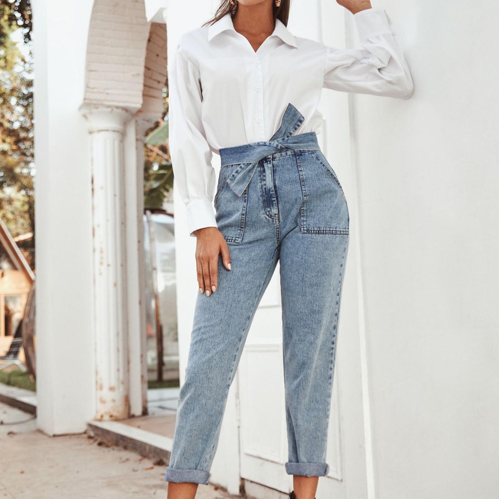 

Women s High Waist Elastic Slim Washed Denim Trousers L синій