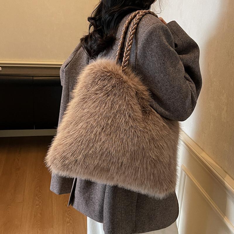 Women Fashion Plush Shoulder Bag Solid Color Woven Strap Large Capacity Soft Material Lightweight Daily Commute Handbag KTB