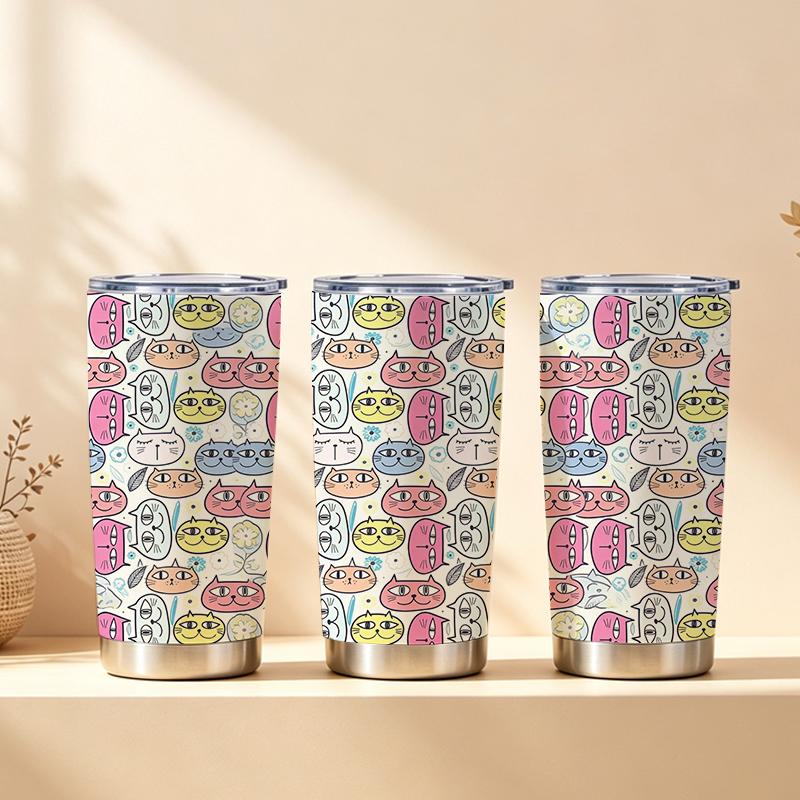 Car Tumbler 591ml Cat Avatar Floral Element Straw Cup Hot Cold Cup 20oz Car Straw Cup Straight Tumbler Insulated Travel Cup