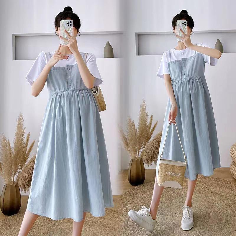 Maternity Clothing New Summer Clothing Large Size Thin Medium and Long Skirt Pregnant Mother Splicing Fake Two Pieces Loose Belly Cover Dress