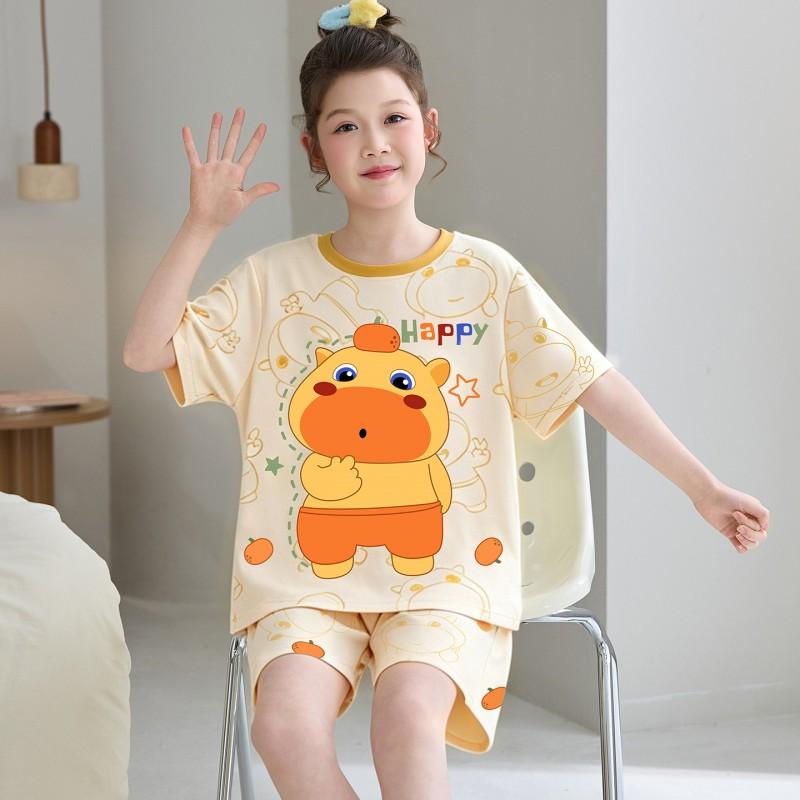 Cute Cartoon Girls Cotton Pajama Set Short Sleeve Shorts Sleepwear Kids Teens Comfortable Lightweight Home Outfit