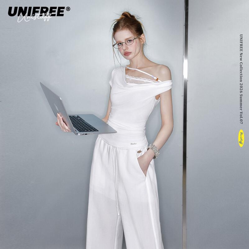 UNIFREE Women s Plus Size Summer Lace Trim Faux Two-Piece Oblique Shoulder T-Shirt XL