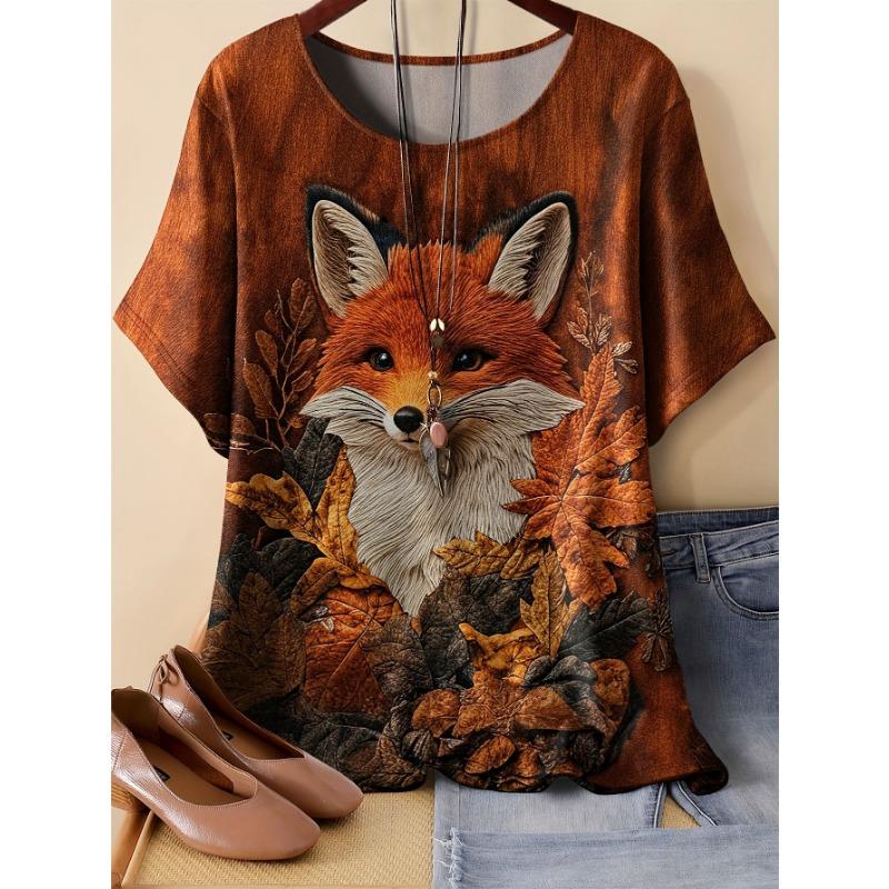 Women s short-sleeved round-neck T-shirt with fox pattern print S