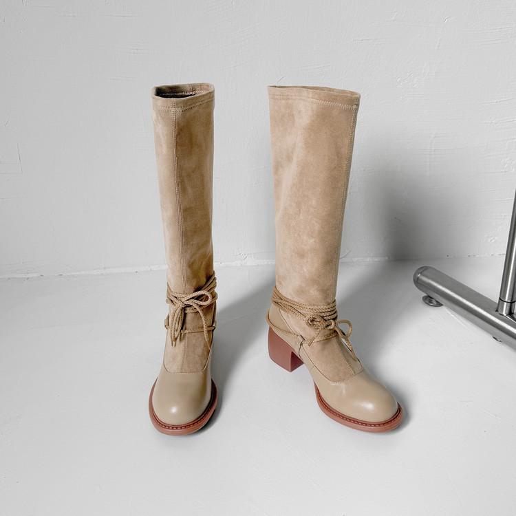 

Niche design sense fashionable boots 2025 autumn and winter new retro spice girls pile boots thick heel thin knight boots 39 абрикосовый