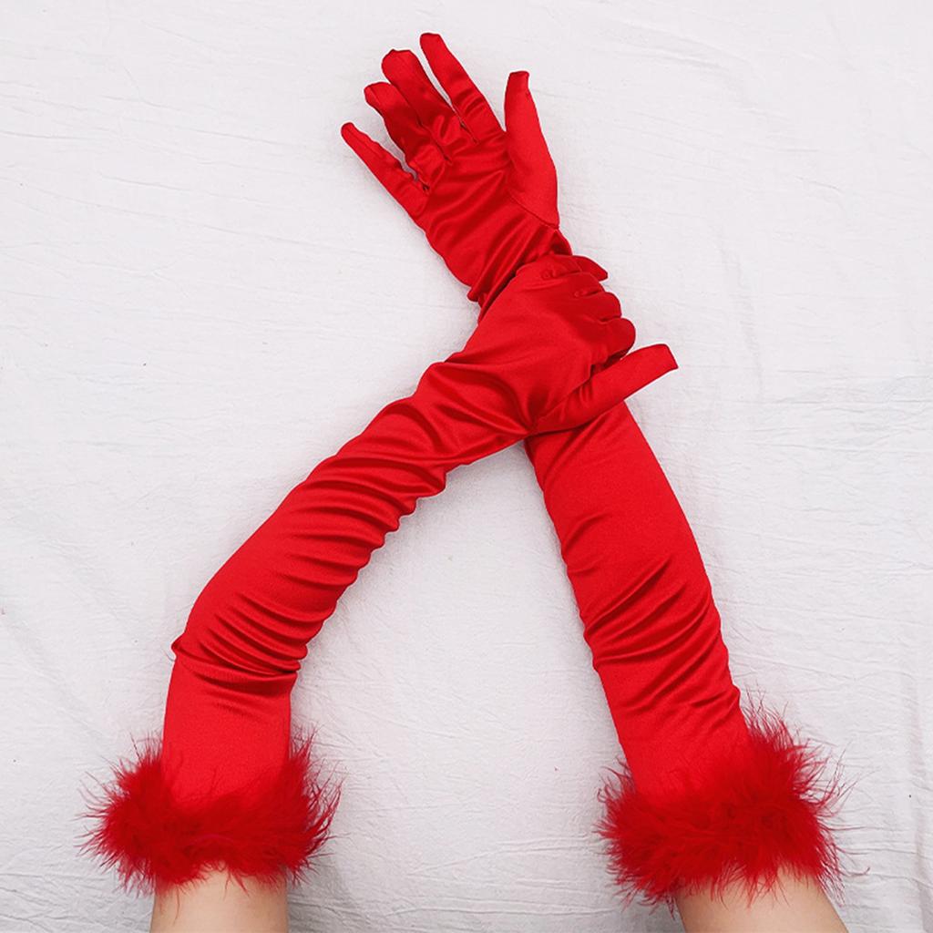 Feather Cuffs Long Sleeve Gloves Banquet Dress Gloves Solid Color Warm Satin Elastic Summer Spring Driving Gloves