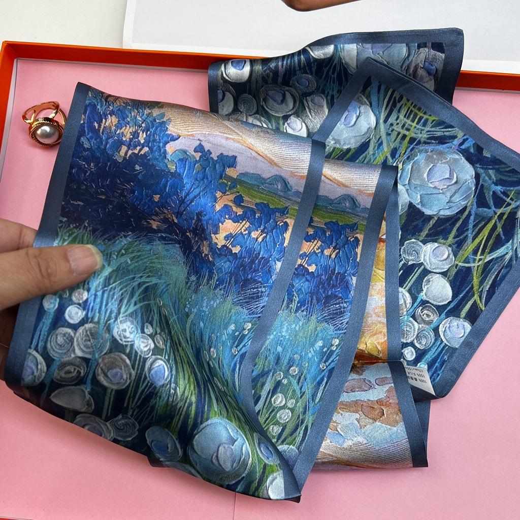 Oil Painting Blue Silk Long Silk Scarf Women'S Shirt Scarf Mulberry Silk Scarf Mother'S Day Gift