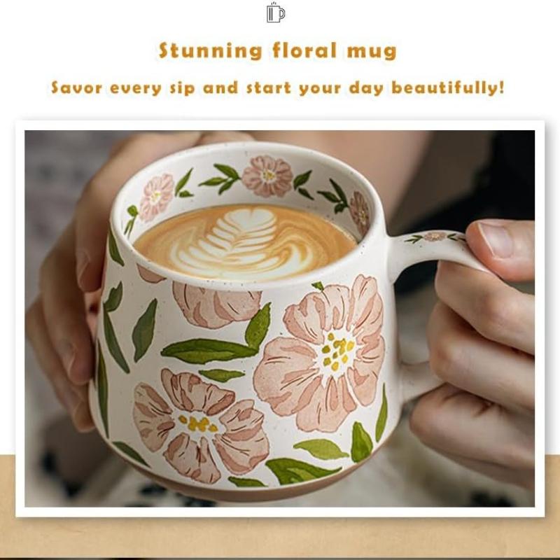 Large Ceramic Coffee Mug 360ml, Cute Cup for Women, Ideal for Tea or Coffee,Hand Painted Floral Design Pottery Mug,1pc