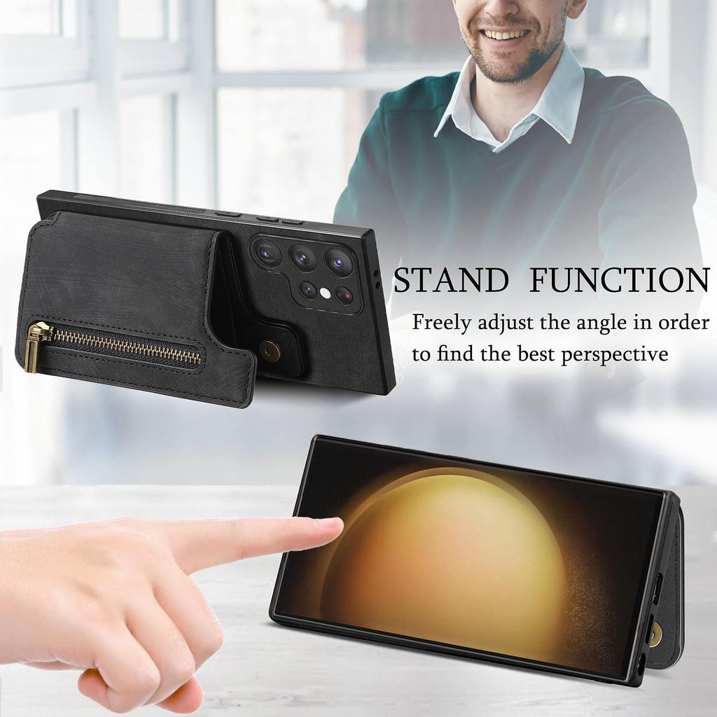 D15 For Samsung Galaxy S23 Ultra Case Retro PU+TPU Zipper Wallet Phone Cover with Kickstand