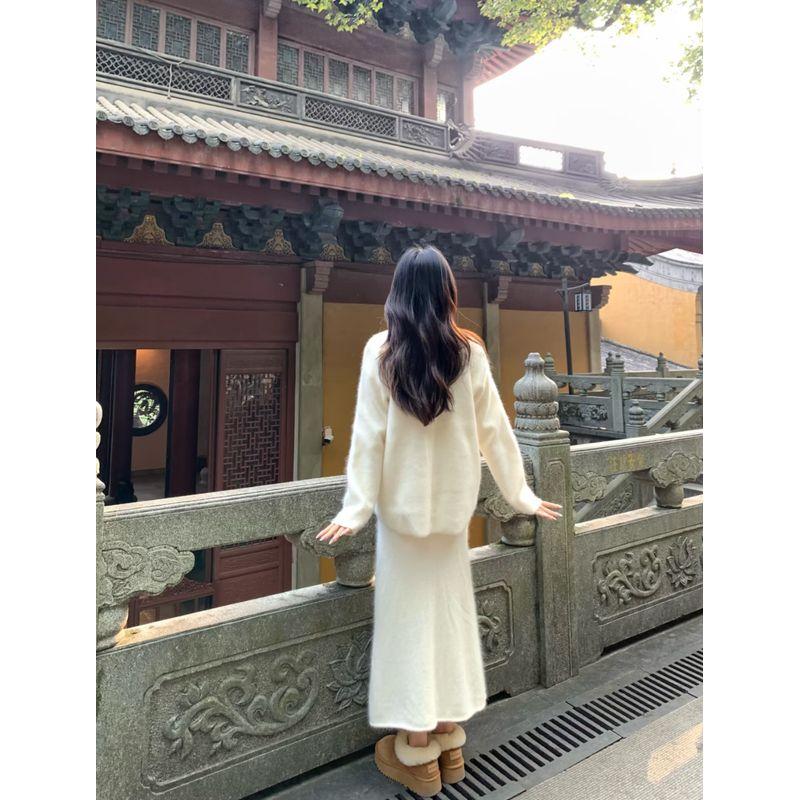 Kumikumi Gentle Suit Retro Lace-up Sweater Outwear Women's Autumn Slimming Drape Skirt Two-piece Set