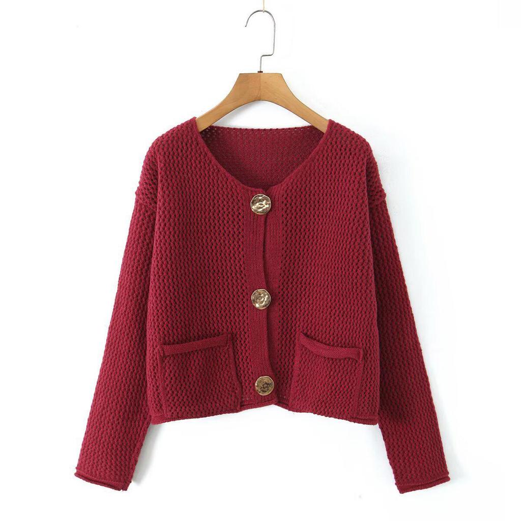 2025 Autumn Women's Chunky Knit Cardigan Sweater with Metal Buttons