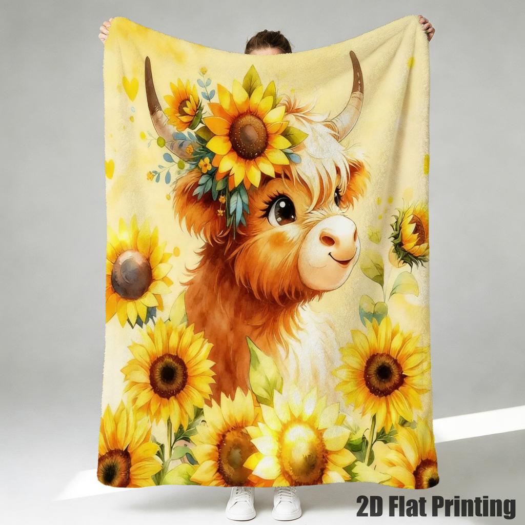 1pc, 2D Flat, Watercolor Blanket Featuring a Cute Highland Cow Surrounded by Sunflowers, Ideal for Cozying Up on The Sofa, Snuggling in The Bedroom, O