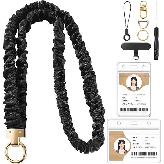 Prudiut Scrunchie Lanyard for Id Badges, Retractable Teacher Lanyards Stretchy Scrunchie Lanyard with Id Holder for Women чёрный