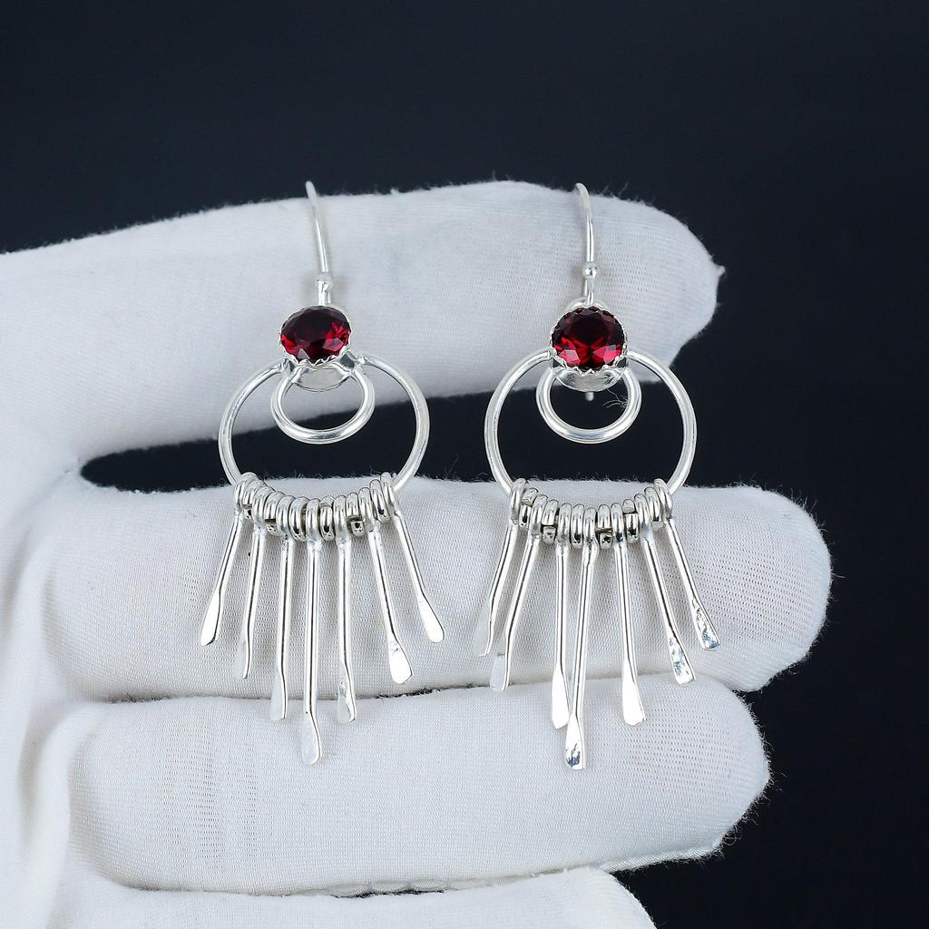 Beautiful Red Garnet Gemstone Hook Earrings 925 Sterling Silver Earring, Handmade Boho Silver Jewelry Dangle Earrings, Birthday Gift