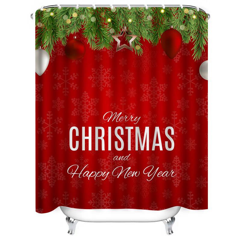 TU Christmas Shower Curtain Festive Holiday Decor Waterproof Fabric Bathroom Set Merry Xmas Pattern Backdrop
