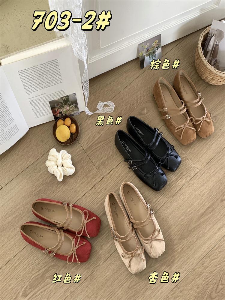 Flat-bottomed Bow Suede Single Shoes Women's 2025 New Ballet Shoes One-word Buckle with Pleated Square Head Mary Jane Shoes