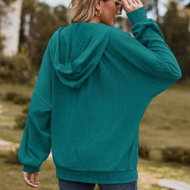 Women's Solid Color V-neck Zipper Loose Long Sweatshirt Jacket