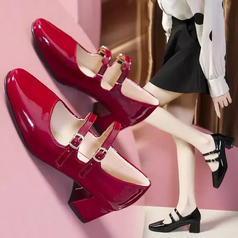 Women's Shoes 2025 Fashion Buckle Women Pumps Autumn Mary Jane Square Toe Shallow Solid Dress Party Chunky Heels Shoes Zapato