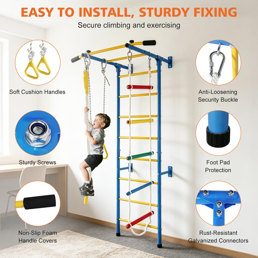 Giochi da Arrampicata 5 in 1 per Bambini Piccoli, Palestrina Indoor per Esercizio, Set Parete Scala in Acciaio con Sbarra per Trazioni, Corda, Anelli da Ginnastica, Regalo per Bambini e Bambine