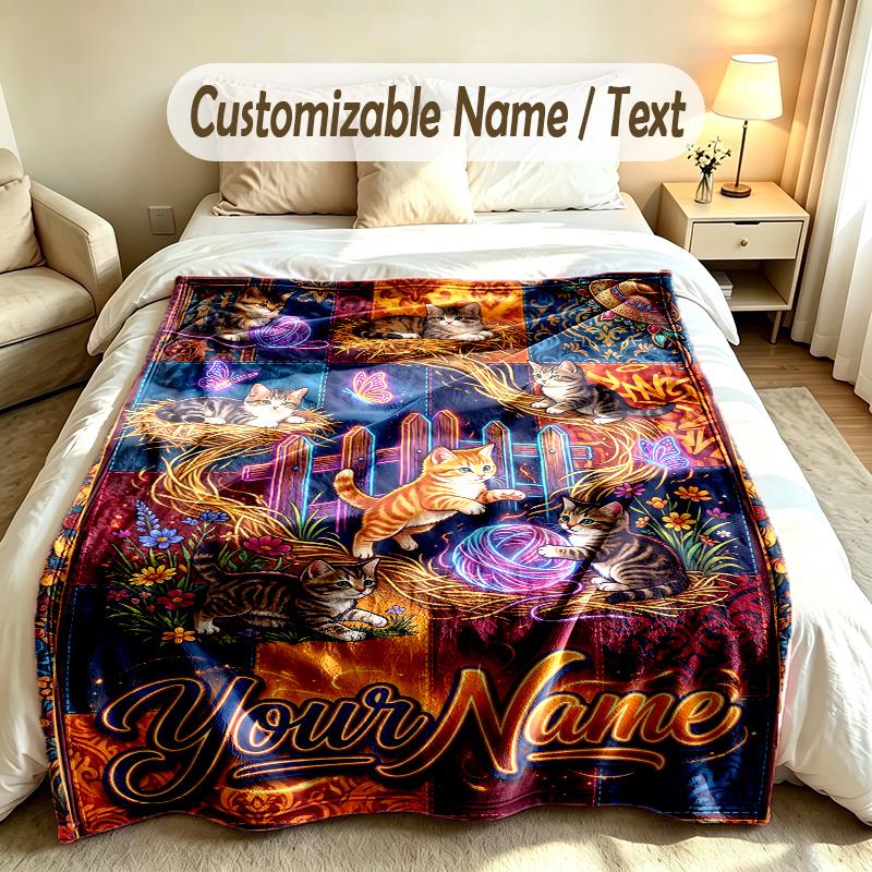 Cat Theme Soft Blanket Personalized Custom Name Text Print Warm Blanket Home Sofa Bedroom Decor