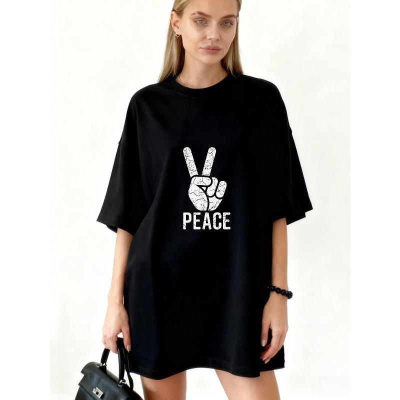 

Oversized T Shirt Dress Black Peace Sign Hand Print And Text Graphic Casual Streetwear For Women XXXXL чорний