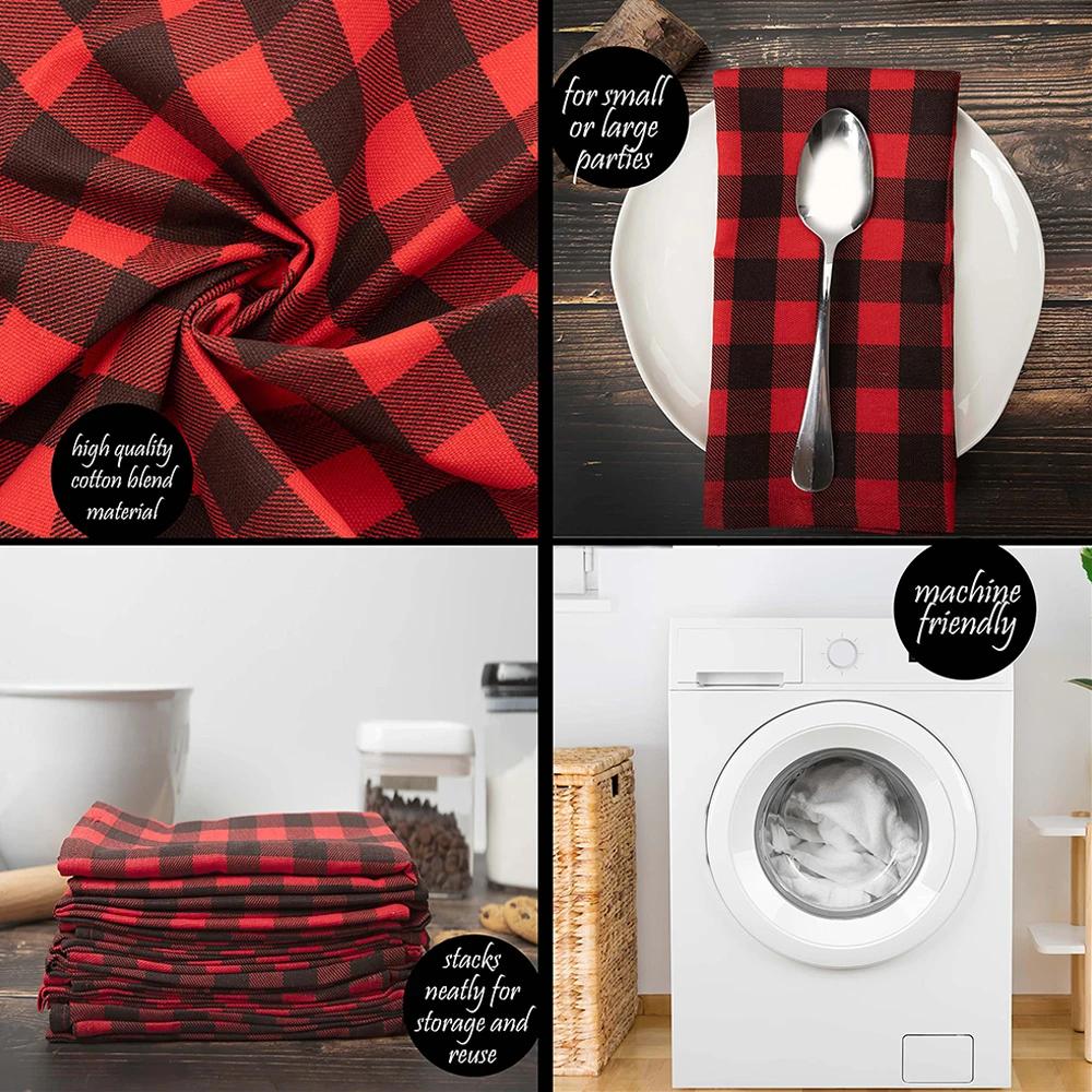 Set of 4 Christmas Napkins Plaid Red Black 15.7X15.7Inches Washable Reusable for Holiday Christmas Party Table Setting Decor