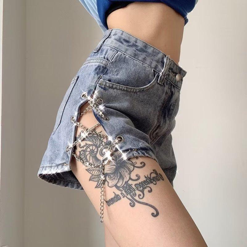 Denim Shorts for Women Summer Chain Sexy Slit High Waist Slimming A-line Jeans Hot Pants Female Clothing Y2k Fashionable