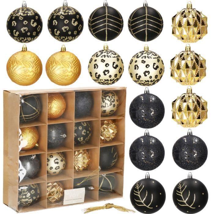 Décorations de sapin de Noël - SPRINGOS - 16 pcs - Or/Noir - 8 cm - Plastique