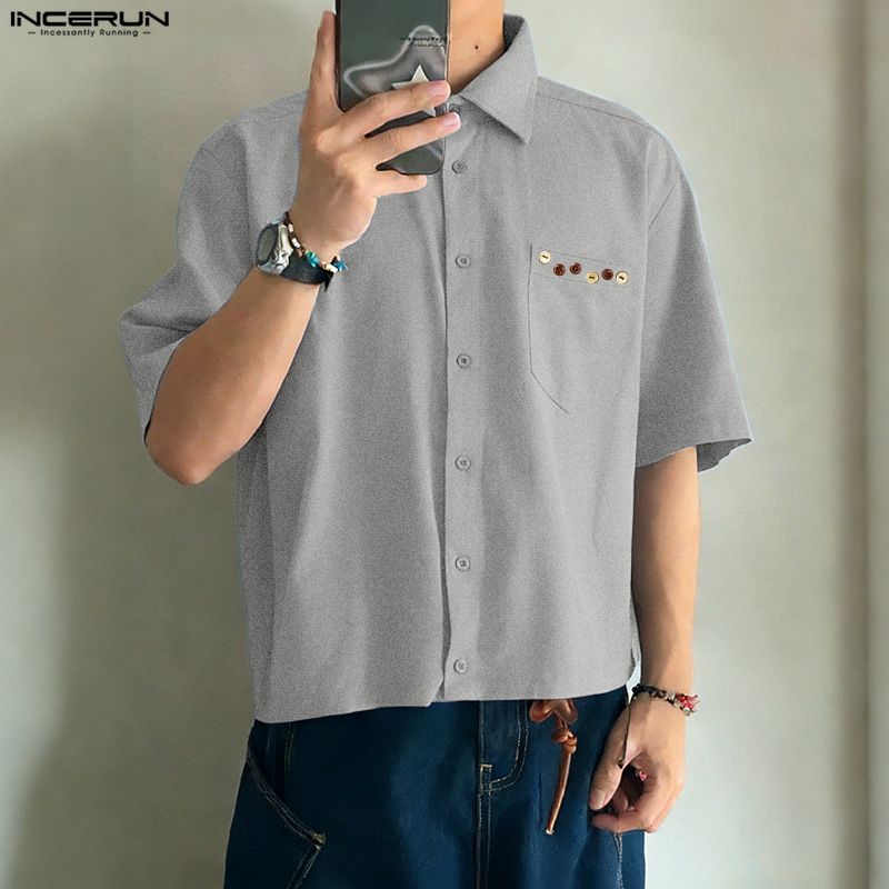 INCERUN Oversized Men Lapel Neck Short Sleeve Loose Casual Shirts