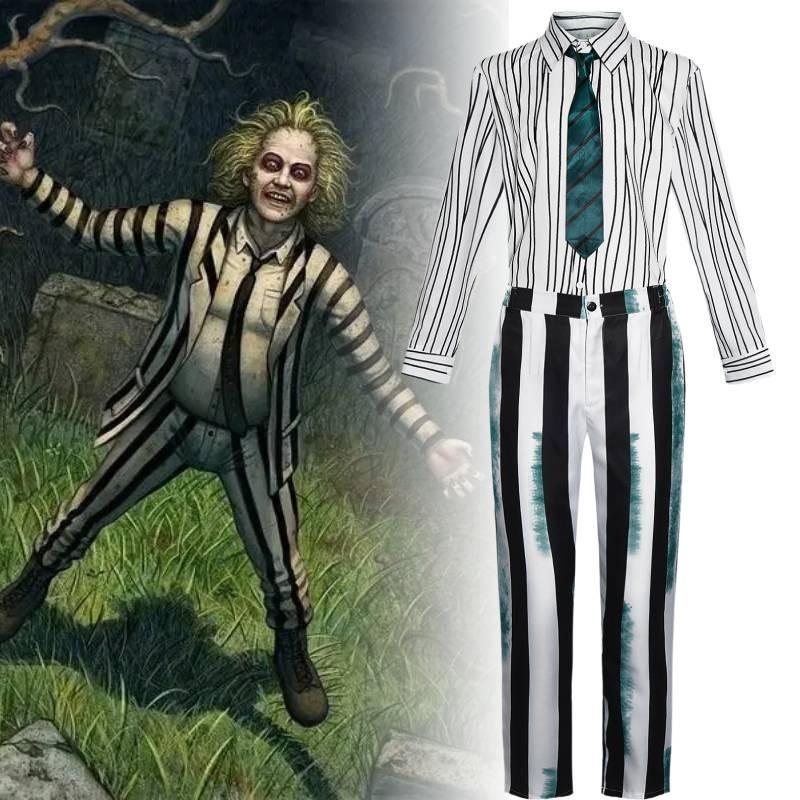 Snygg Beetlejuice Cosplay-dräkt med gröna, svarta och vita ränder Mjukt tyg