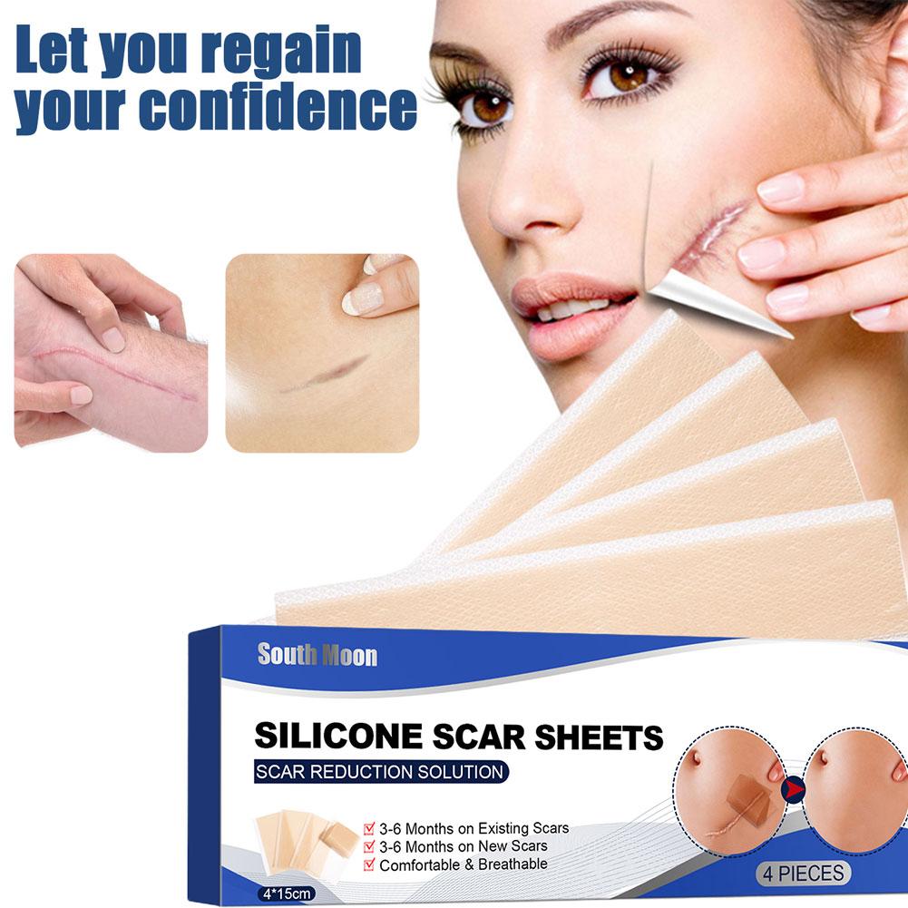 SOUTH MOON 4 Cerotti/Confezione Fogli in Silicone per Cicatrici, 4cm*15cm Nastro Autoadesivo Copri Cicatrici Riutilizzabile ed Efficace Strisce per la Cura della Pelle