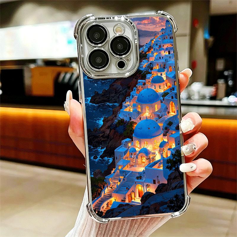 

Santorini Greece Summer Plating Phone Case For Iphone 16 17 Pro Max Air 16E 14 15 Plus 12 13 Mini Anti-Fall Airabag Cover iPhone 17