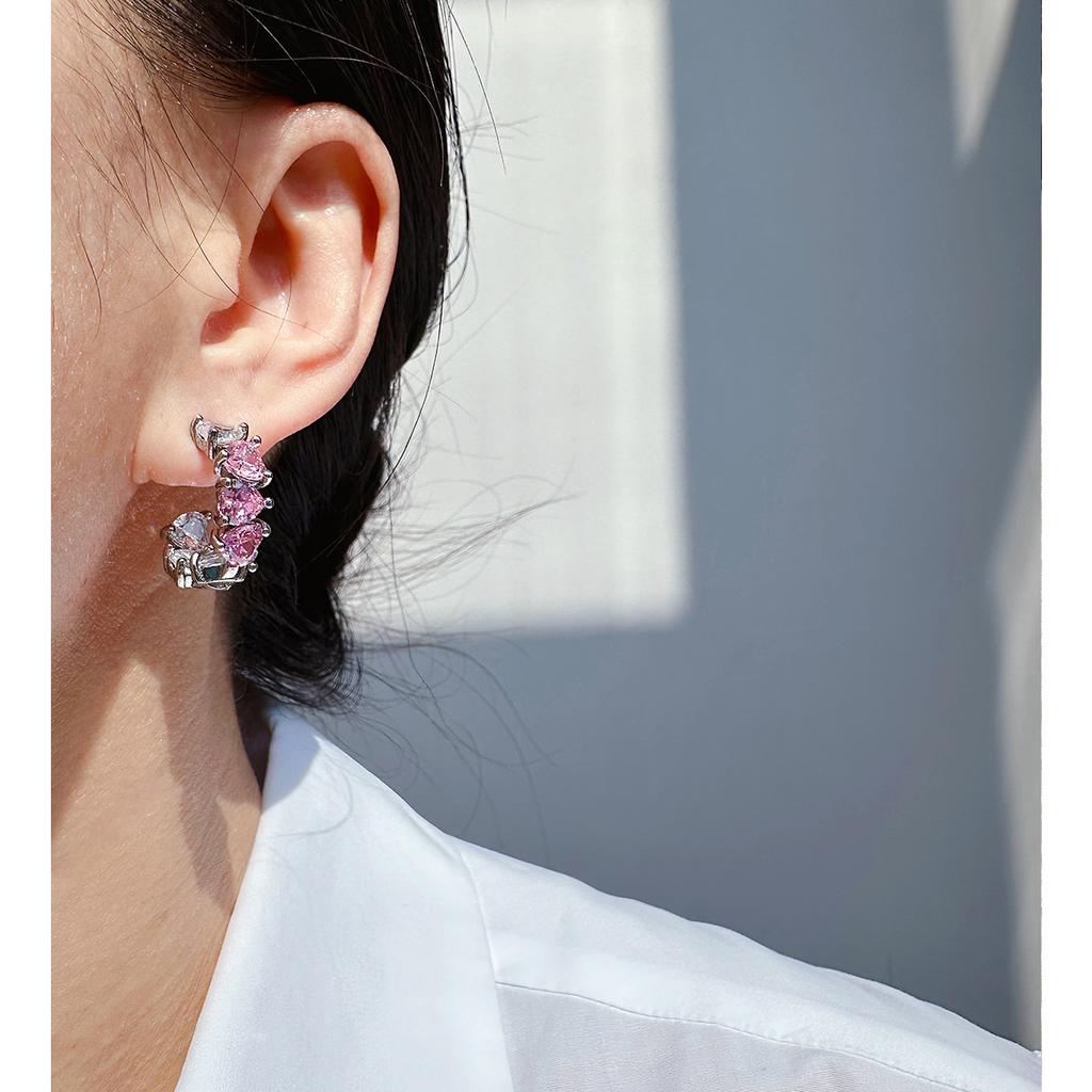 Korean Pure Desire Pink Zircon Love Row Diamond Stud Earrings Fresh And Sweet Temperament Peach Heart Earrings Sweet And Cool Wind Earrings 294