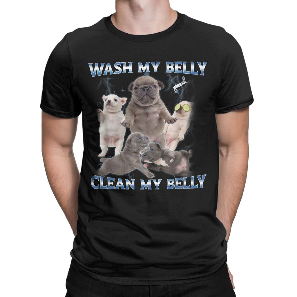 Pibble Dog Wash Clean My Belly Funny Meme T-Shirts Men Round Collar Pure Cotton T Shirt  Short Sleeve Tees Plus Size Clothing