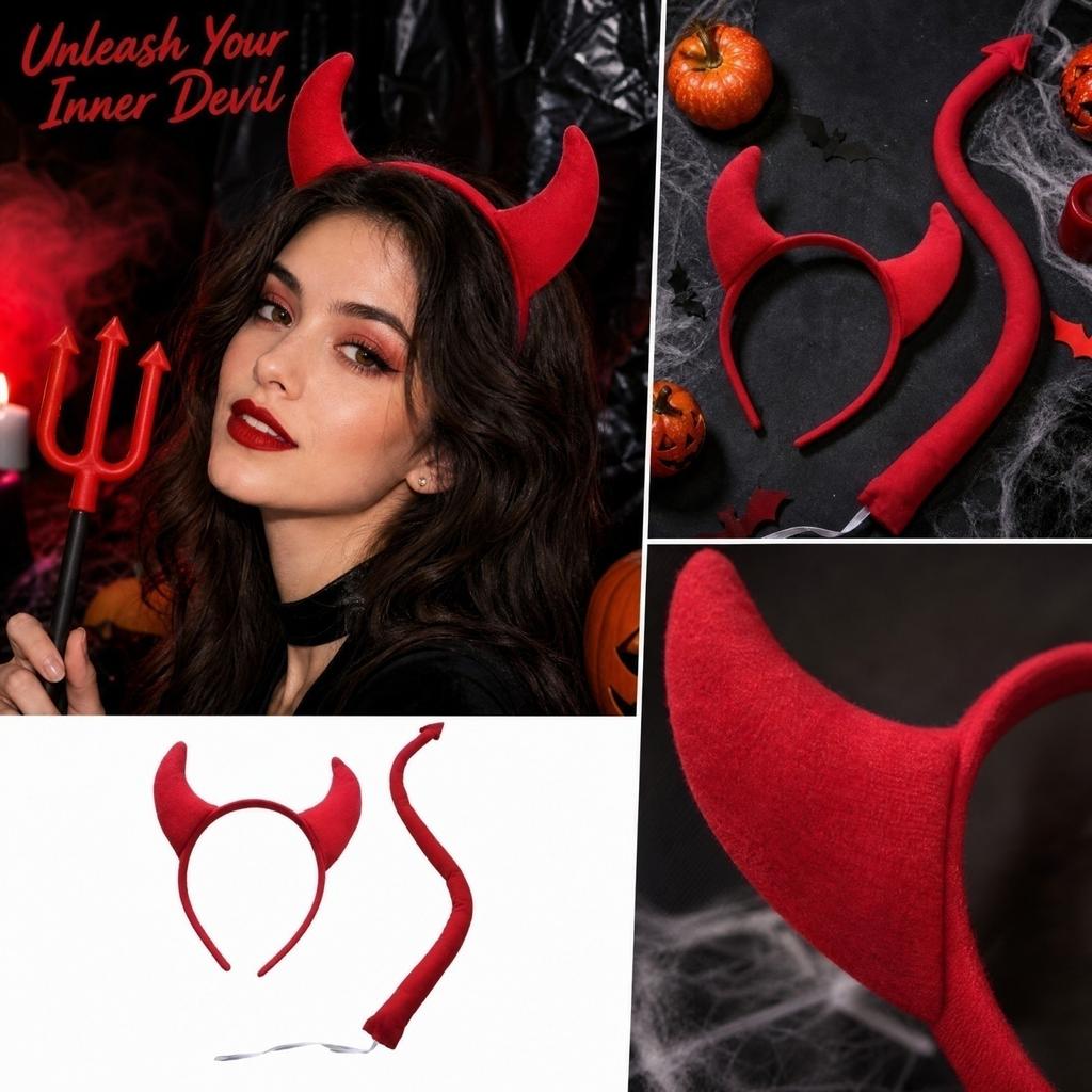 Kids Little Devil Costume Set with Horns Headband and Tail for Halloween Party
