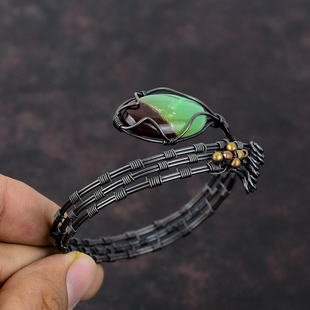 Boulder Chrysoprase Cuff Bracelet Copper Wire Wrapped Bangle Handmade Adjustable Cuff Bracelet Gemstone Bangle Copper Jewelry Gift For Him