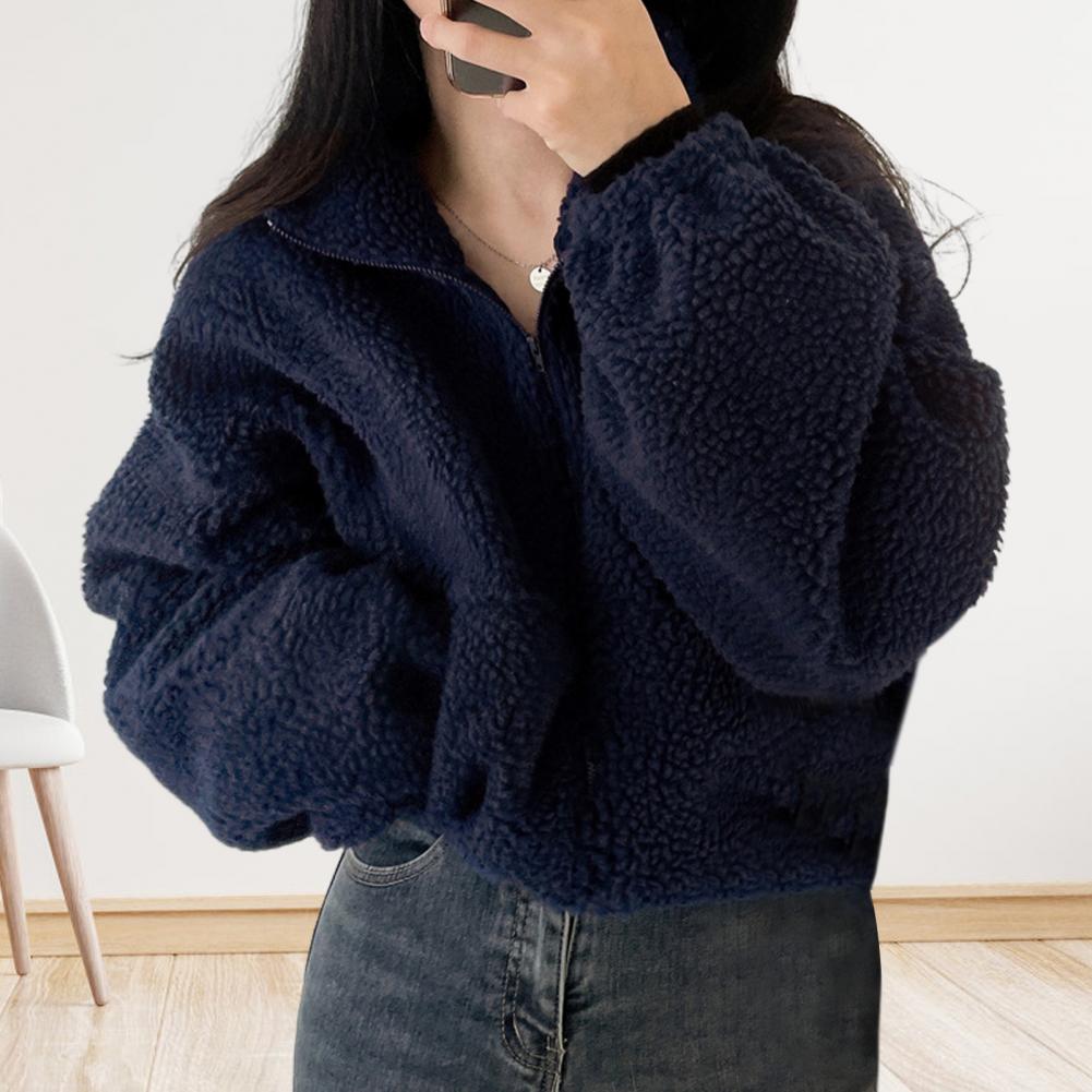 Winter Women Jacket Thick Fleece Stand Collar Zipper Closure Long Sleeves Warm Windproof Heat Retention Outdoor Coat