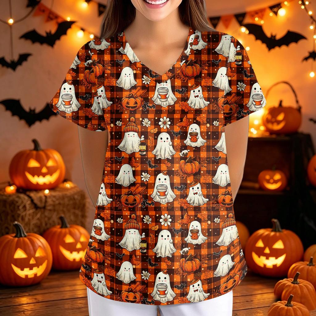 Women's Halloween Print Loose Fit V Neck Short Sleeve Medical Scrub Top with Pockets for Healthcare Professionals Nurse Uniform