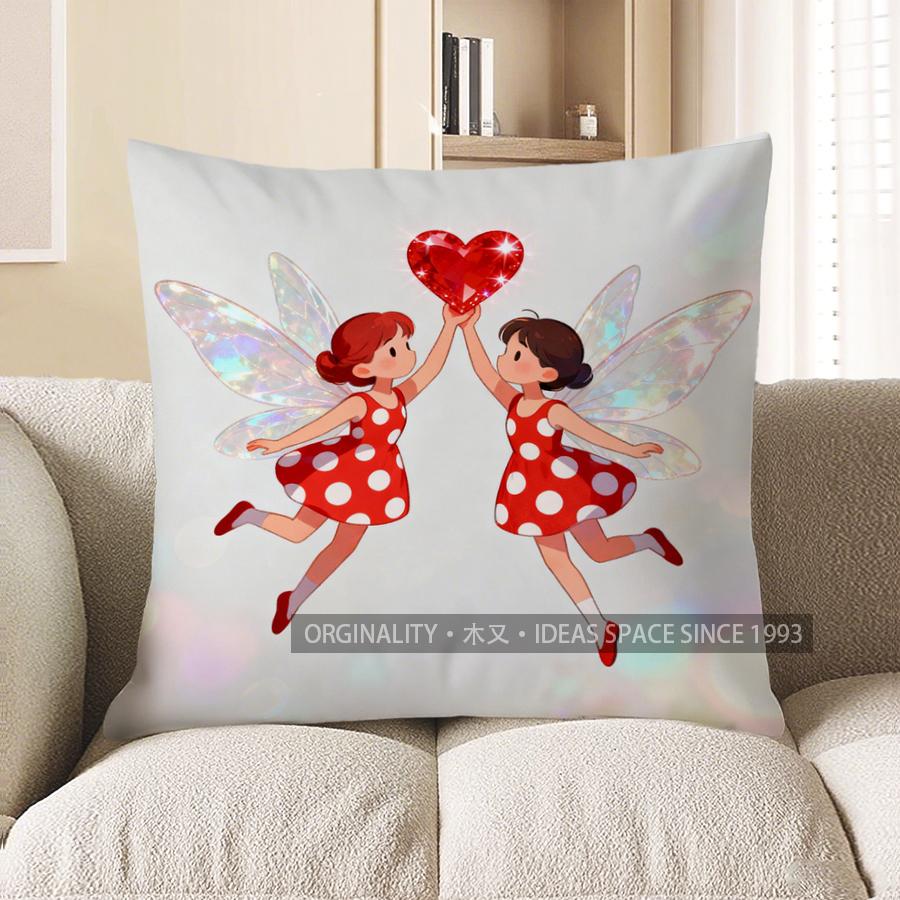 2D Fairy Girls With Heart-Shaped Gem Throw Pillow Pattern Cushion Cover Suitable For Sofa Bedroom Car Pillow Cover