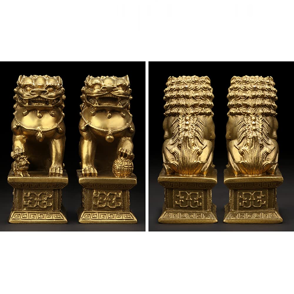 Lion and Guardian Dog Statues and Female Bronze Feng Shui Interior Business Protection Against Evil Amulet Set of 2 Improves Brings Good Gambling and