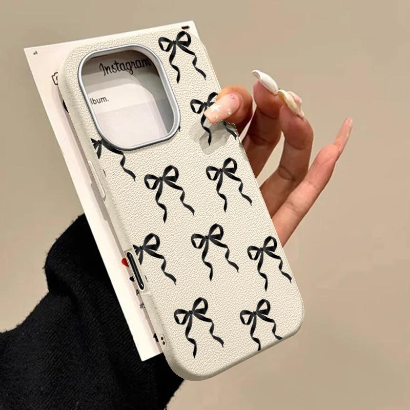 Bowknot Pattern TPU Leather Texture Case For iPhone 16 15 Pro Max 14 Pro 13 12 11 Slim Matte Shockproof Soft Phone Cover