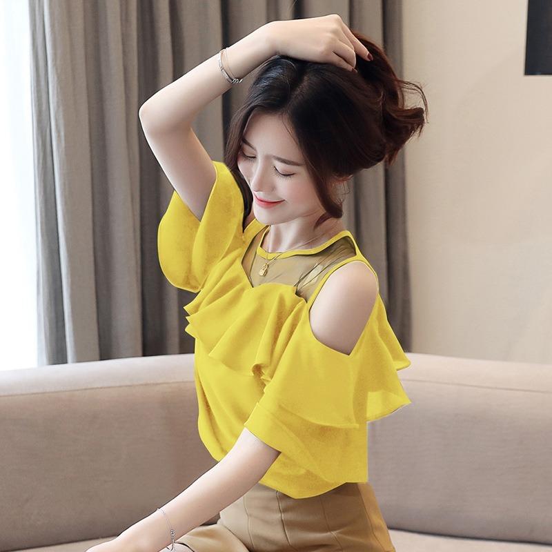 Round Neck Solid Color Chiffon Shirt Summer New Three-quarter Sleeve Loose Top for Women