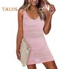 Women Knitting Beach Dress O Neck Sleeveless Solid Color Cover Up Dress Side Split Design Hollow Out Sunscreen Crochet Cover Up