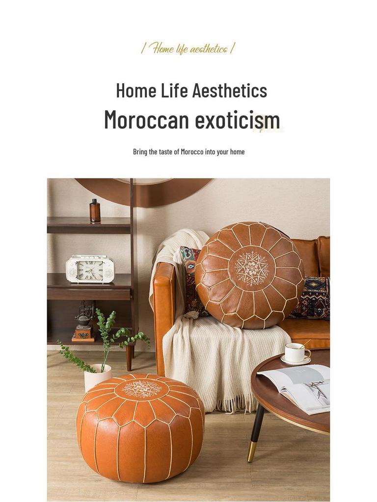 Moroccan Style Oil Wax Leather Floor Stool & Tatami Futon Seat Cushion