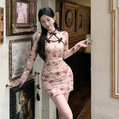 Floral Hollow-Out Cheongsam Dress with Frog Buttons - Women's Spring Hip-Hugging Skirt