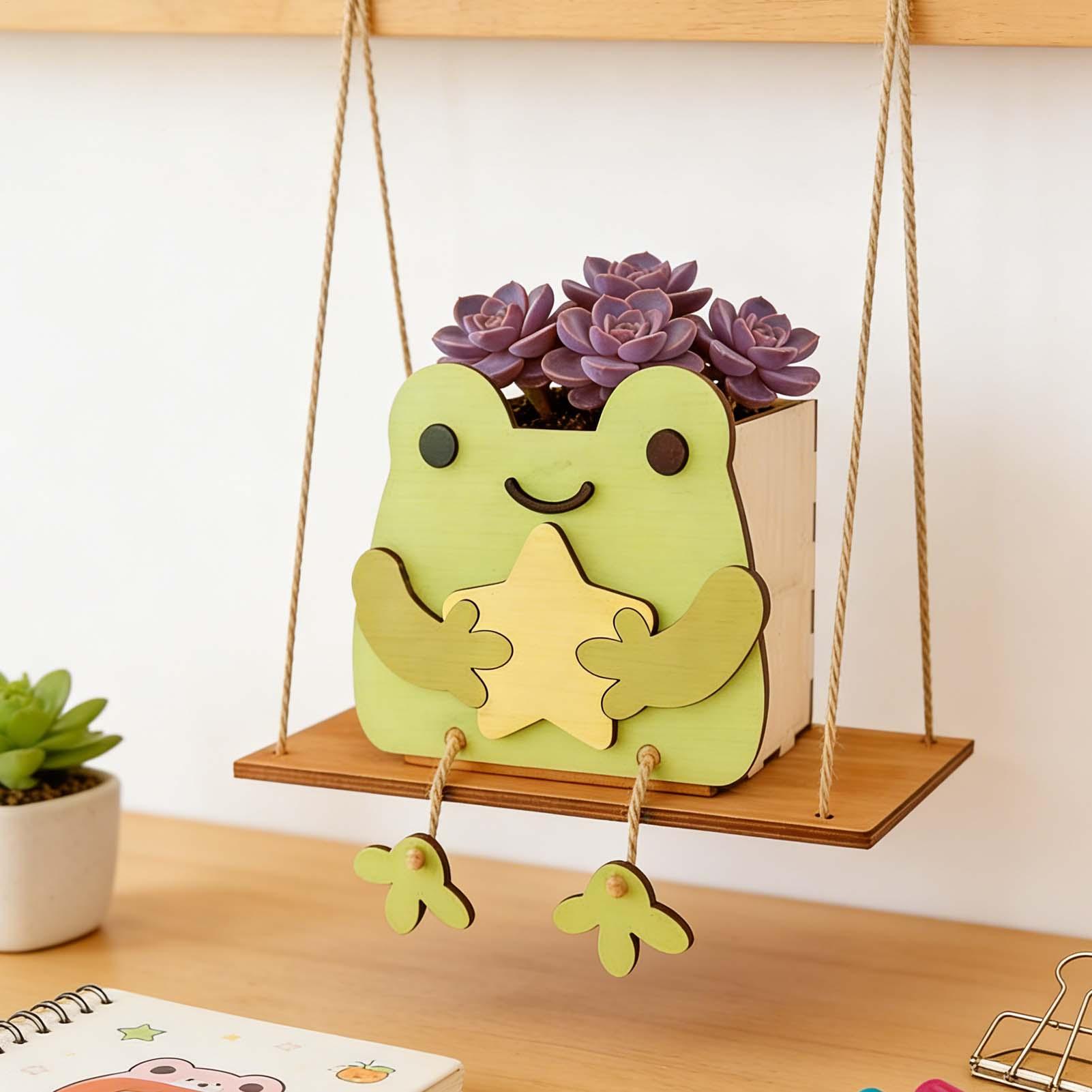Подвесное кашпо для суккулентов Цветочное кашпо Милая забавная деревянная лягушка Качели Цветочное кашпо Домашний декор Внутреннее кашпо-качели с лягушкой Для сада CN