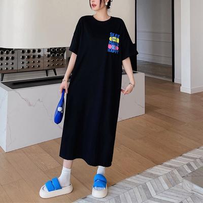 Large Size Women's Dress Summer Fat Long Short-sleeved T-shirt Women's Loose Split-ended Long Dress Bottoming Shirt Women's