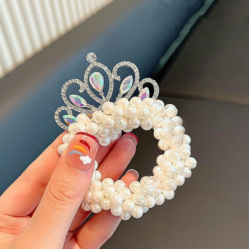 Baby Girls Fashion Pearl Crown Princess Hair Bands Elastic Rubber Bands Children Ball Hair Bun Ties Hair Styling Accessories