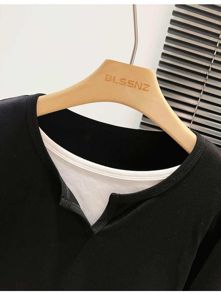 Color-block Women's Long-Sleeve Faux Two-Piece Slim Top for Spring, Autumn, and Winter
