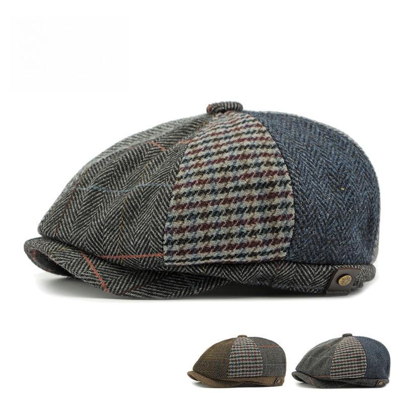 Men's Patchwork Woolen Newsboy Cap Retro British Herringbone Tweed Octagonal Hat Autumn Winter Warm Baker Boy Cabbie Hat