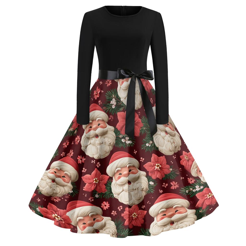 Women's Casual Fashion Round Neck Christmas Printed Vintage Dress